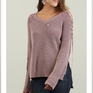 Umgee Cream Colored Lace Up Sleeve Knit Sweater Oversized